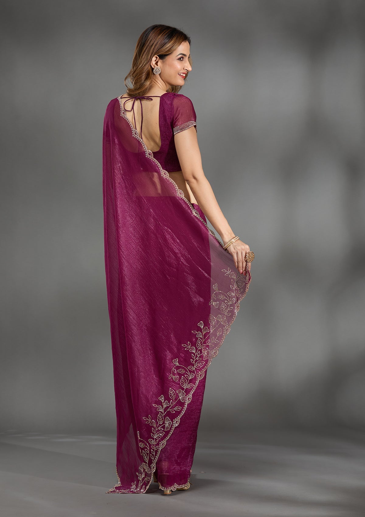 Wine Stonework (Gold) Georgette Saree