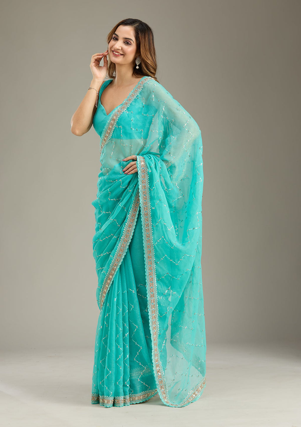 Sea Green Stonework (Gold) Tissue Saree
