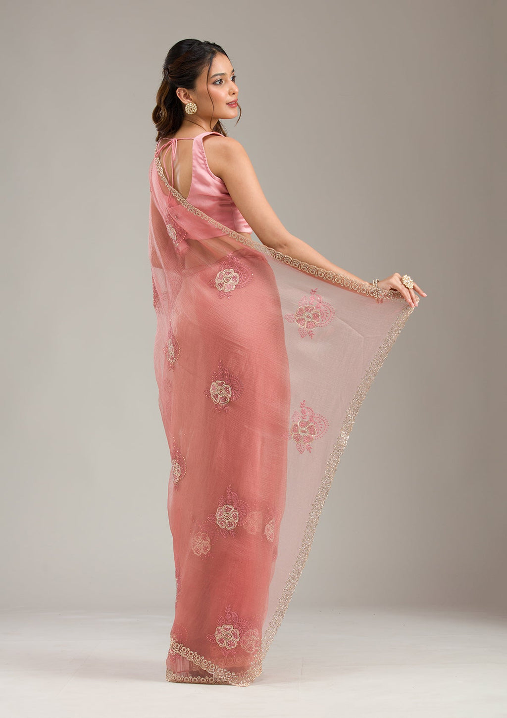 Peach Stonework (Gold) Tissue Saree