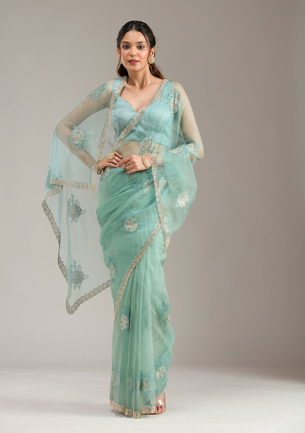 Sea Green Stonework (Gold) Tissue Saree