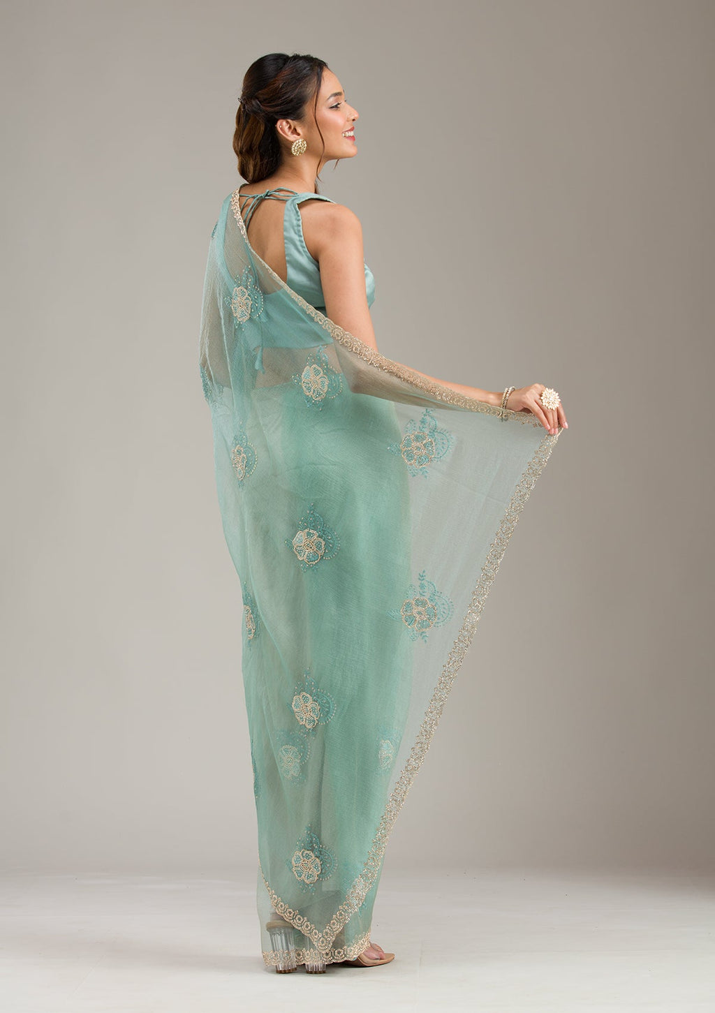 Sea Green Stonework (Gold) Tissue Saree