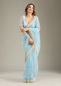 Sky Blue Threadwork Tissue Saree
