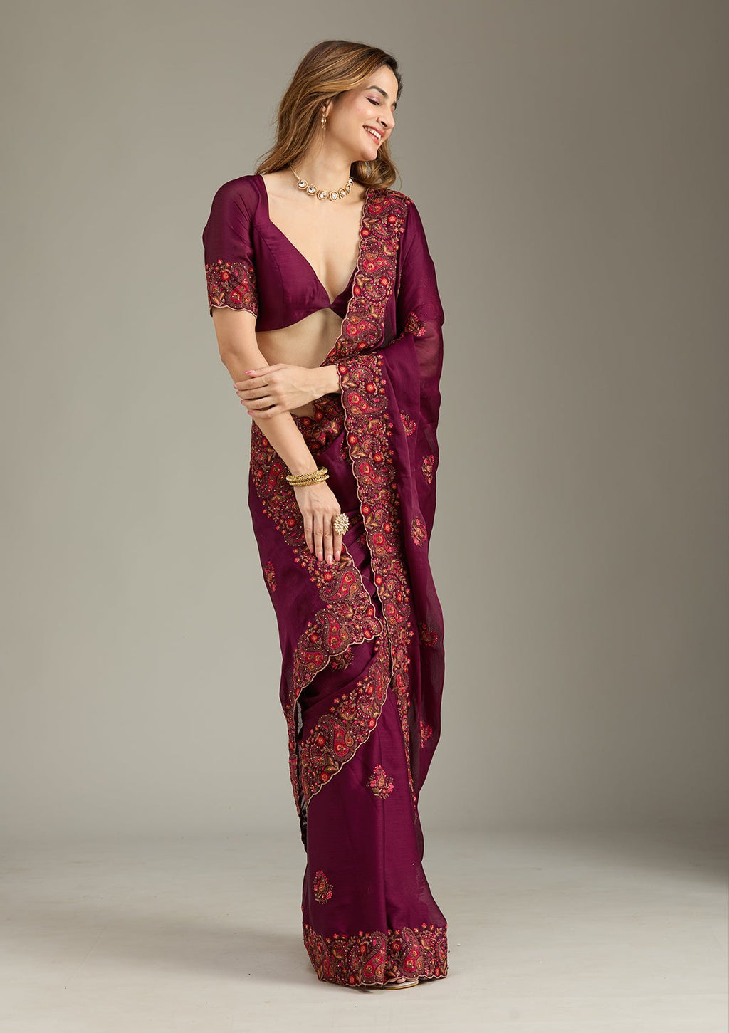 Wine Kashmiri Chiffon Saree