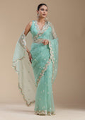 Sea Green Threadwork Tissue Saree