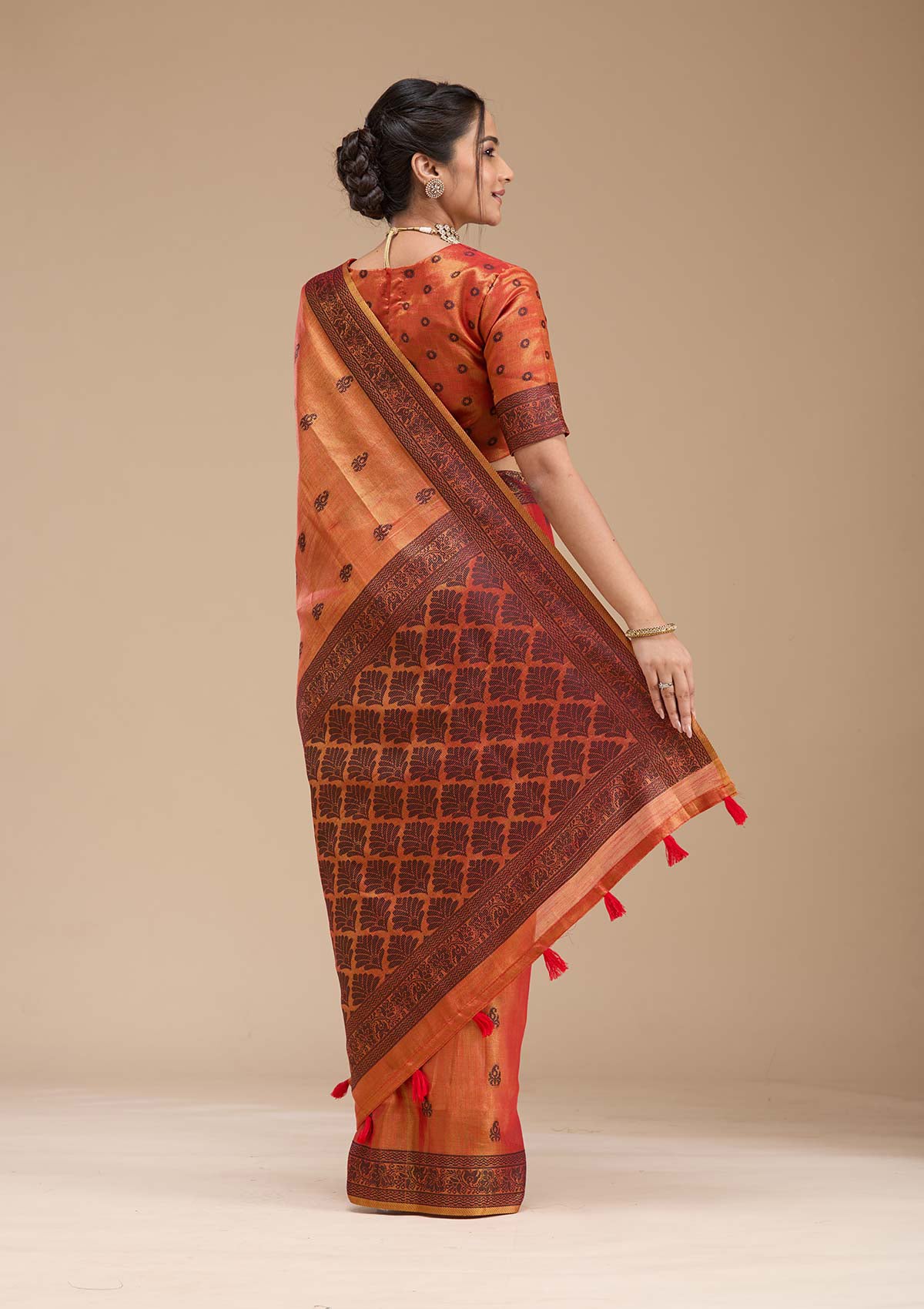 Rust Printed Art Silk Saree