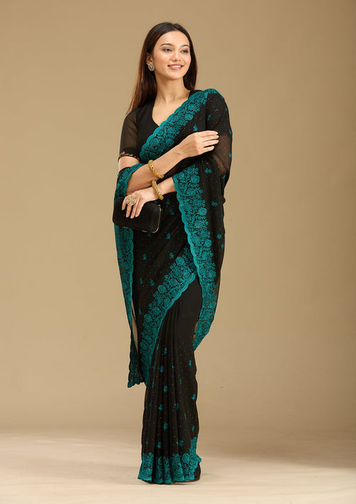 Black Threadwork Georgette Saree