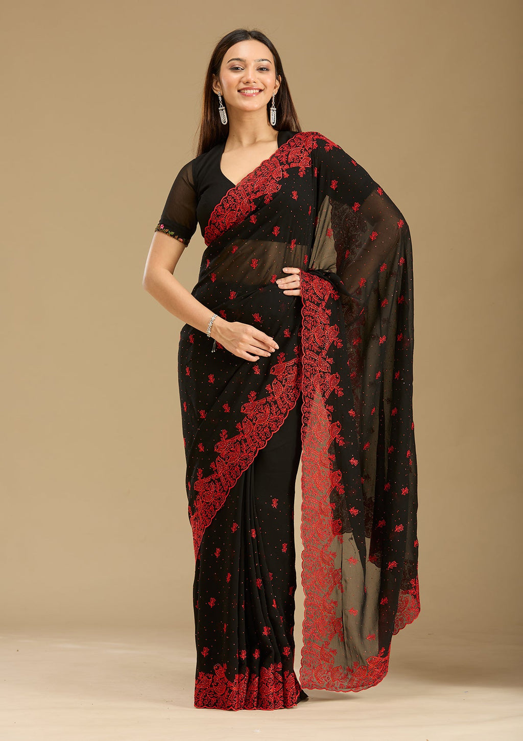 Black Threadwork Georgette Saree