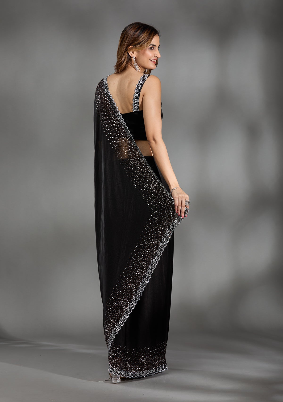 Black Stonework (Gold) Satin Saree