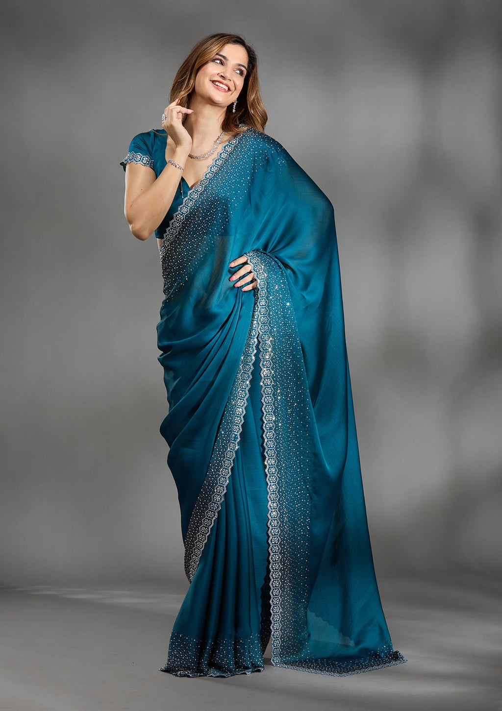 Peacock Blue Stonework (Gold) Satin Saree