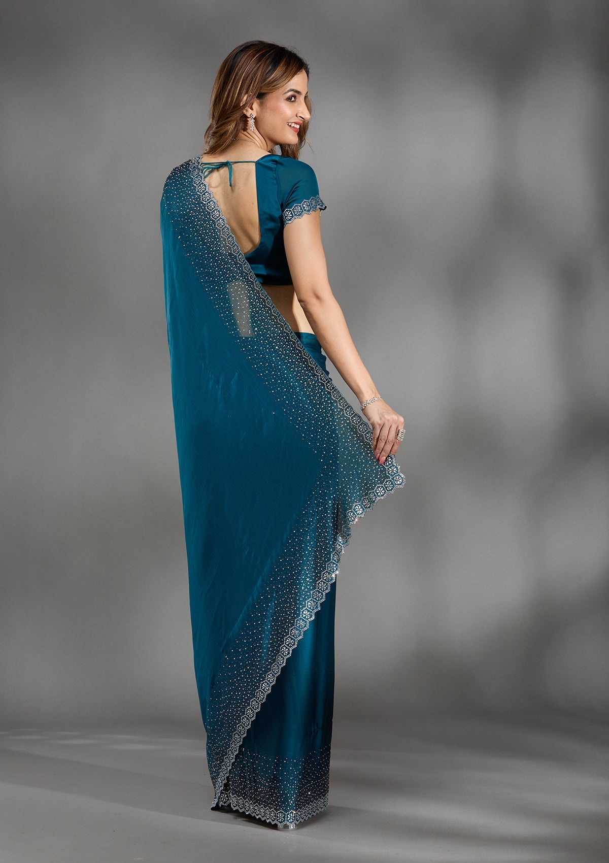 Peacock Blue Stonework (Gold) Satin Saree