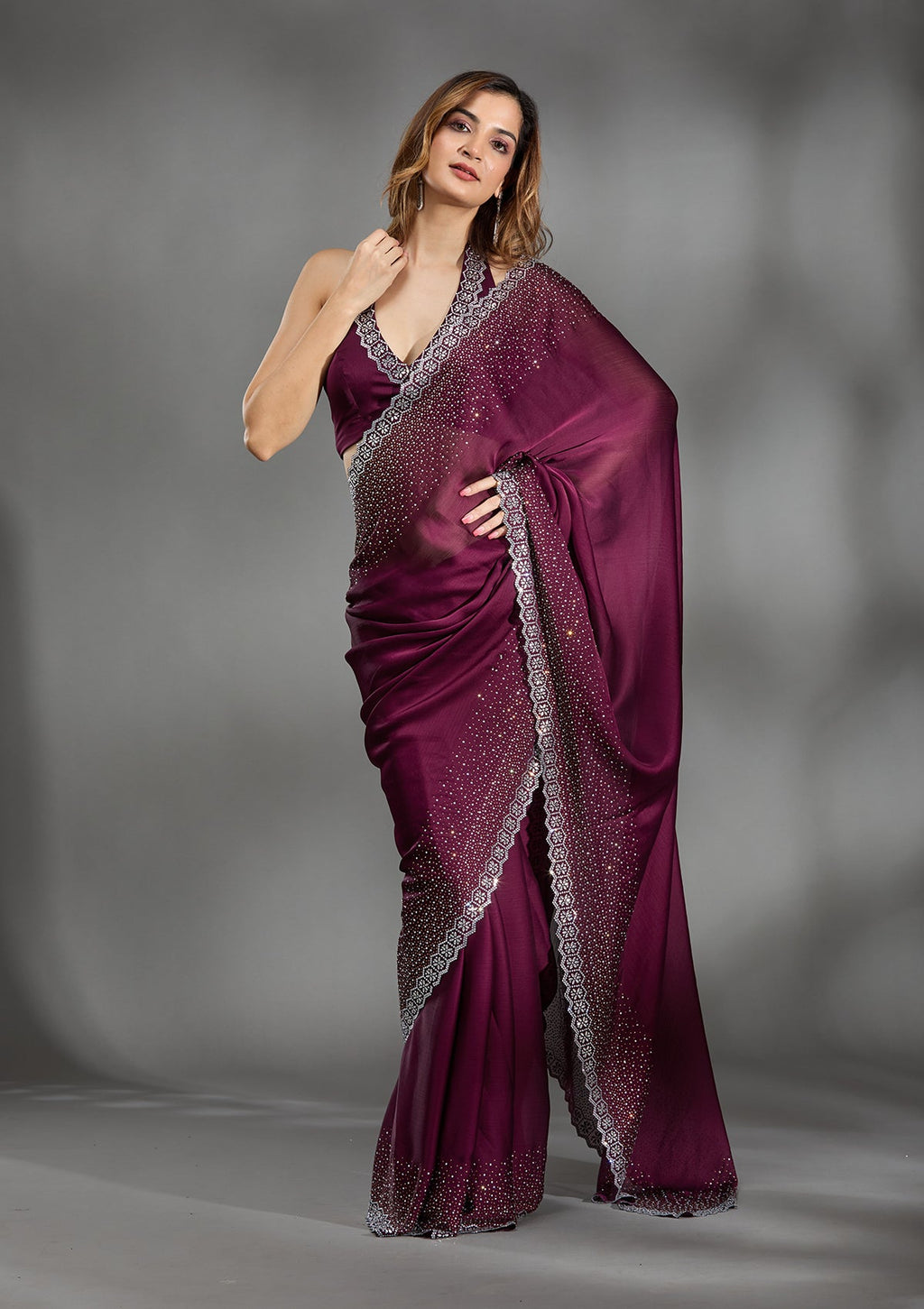 Wine Stonework (Gold) Satin Saree