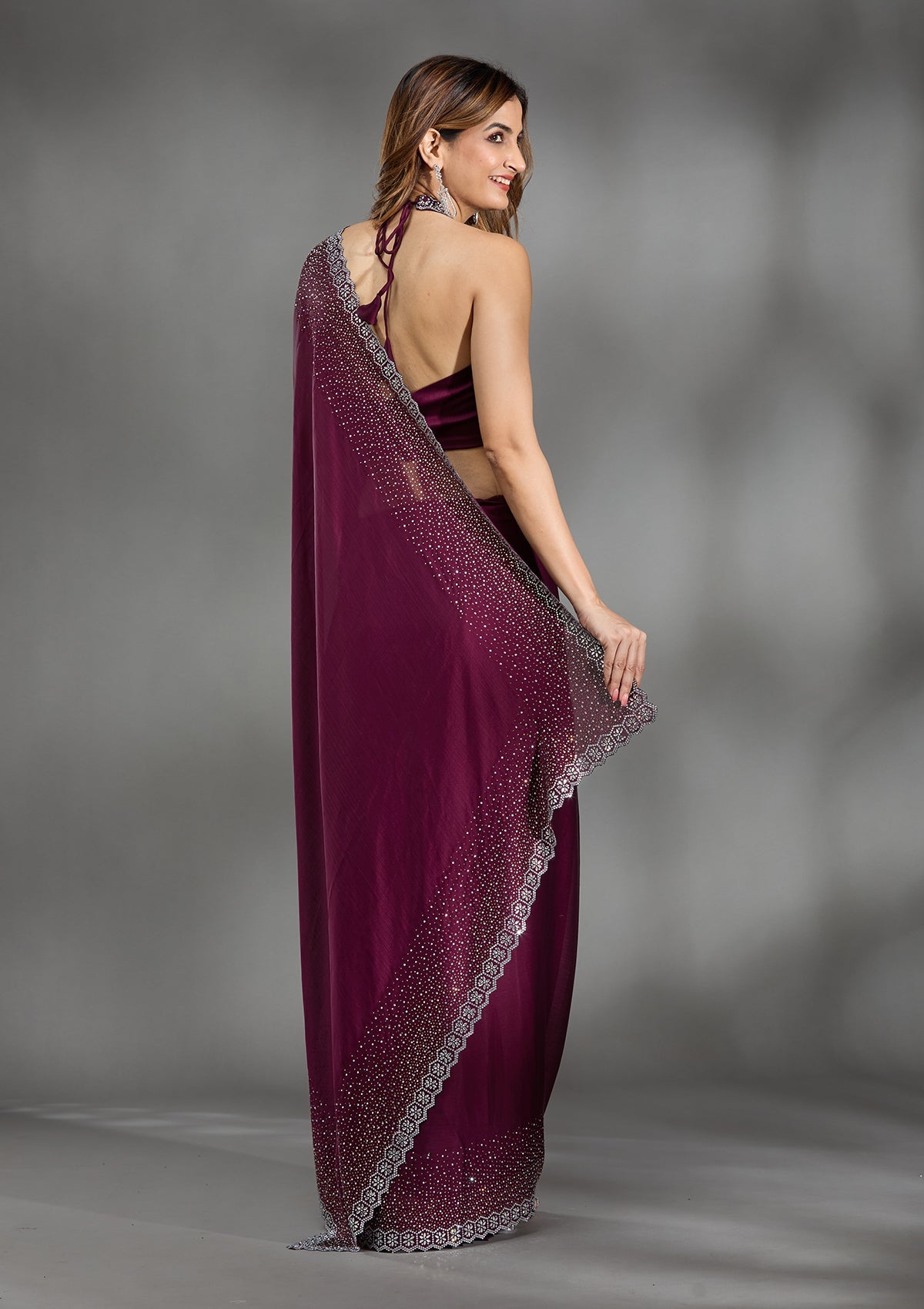 Wine Stonework (Gold) Satin Saree