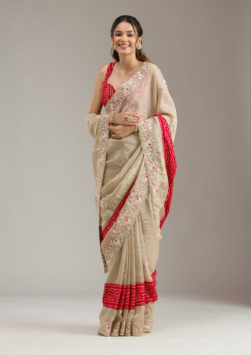 Beige Zariwork (Gold) Tissue Saree