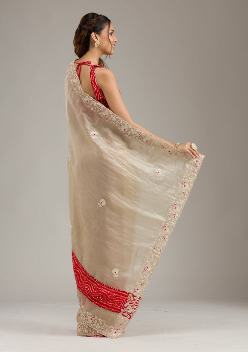 Beige Zariwork (Gold) Tissue Saree