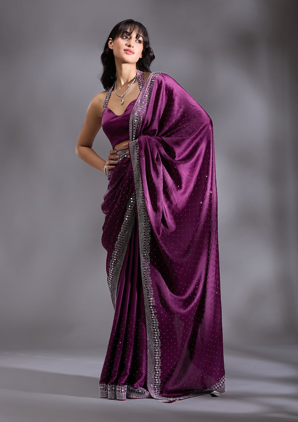 Purple Silver Stonework Satin Saree