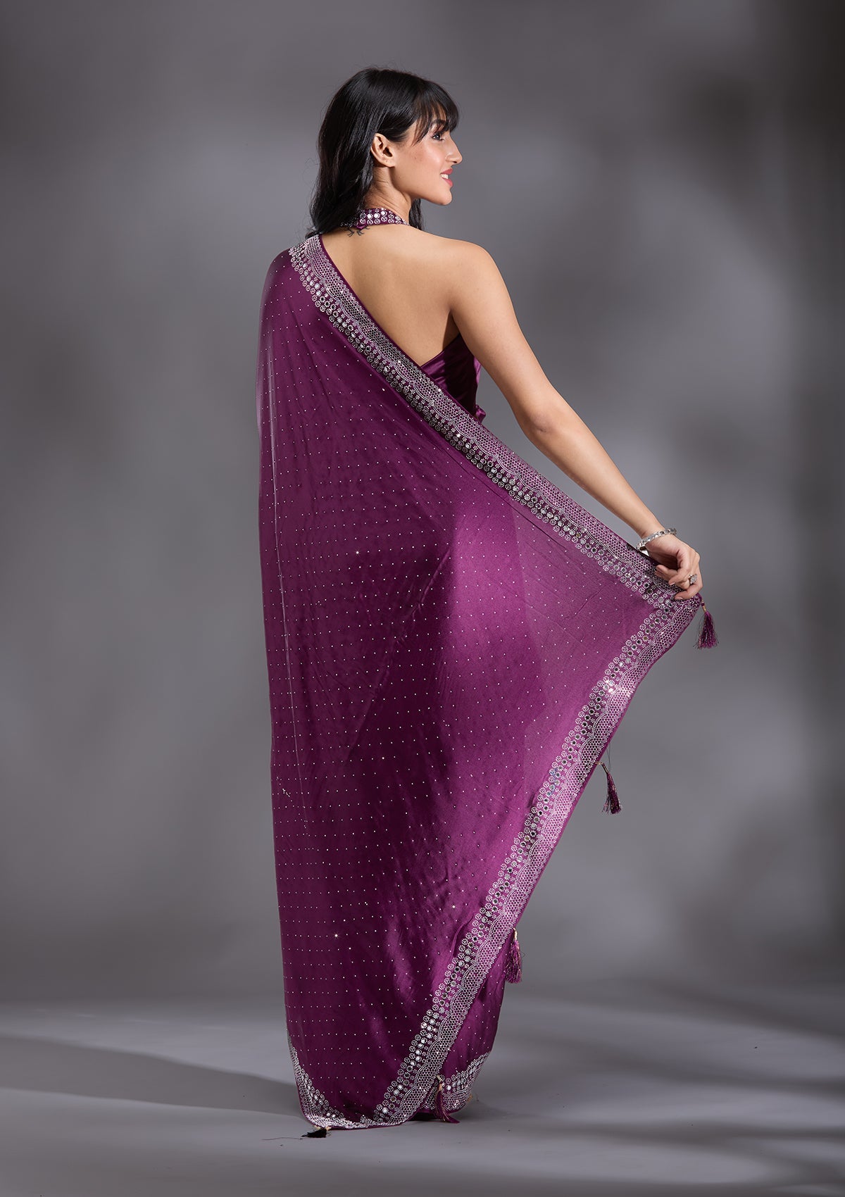 Purple Silver Stonework Satin Saree
