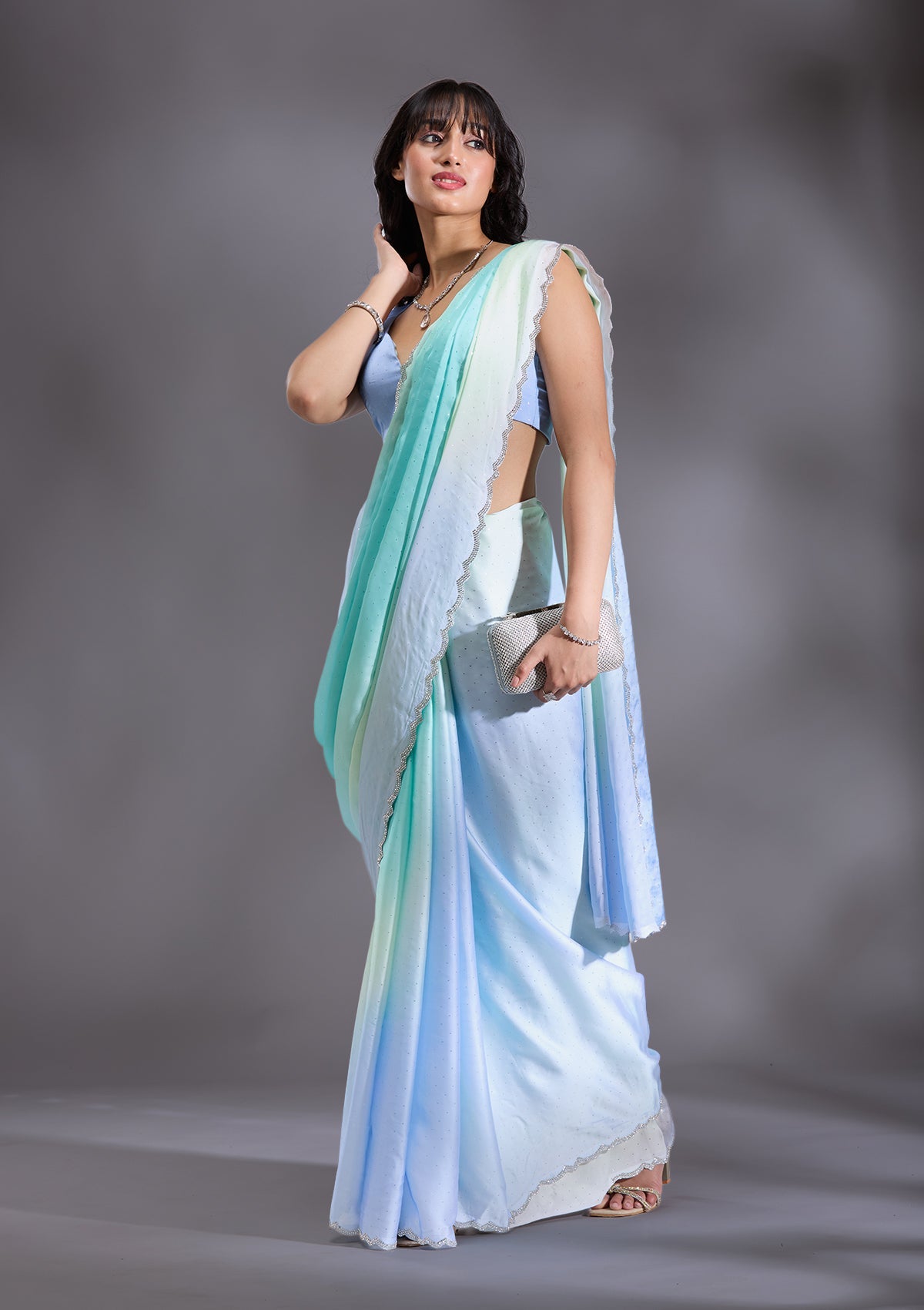 Sky Blue Silver Stonework Satin Saree