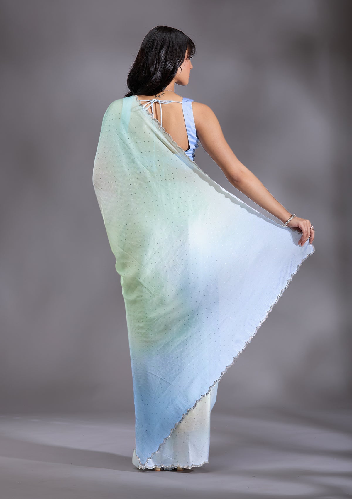 Sky Blue Silver Stonework Satin Saree