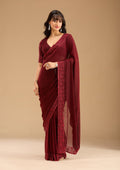 Dark Maroon Threadwork Chiffon Saree