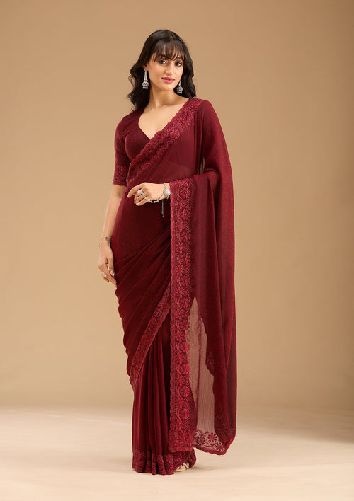 Dark Maroon Threadwork Chiffon Saree