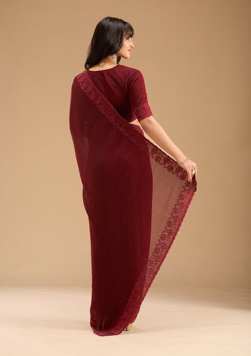 Dark Maroon Threadwork Chiffon Saree