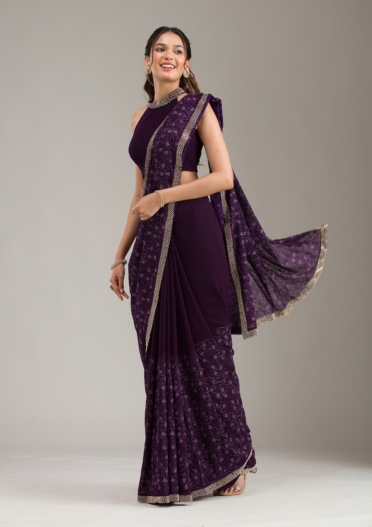 Purple Threadwork Georgette Saree