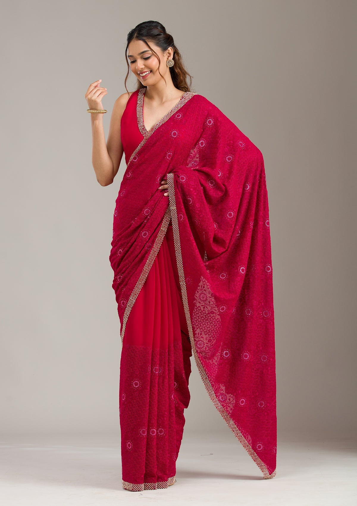 Rani Pink Threadwork Georgette Saree