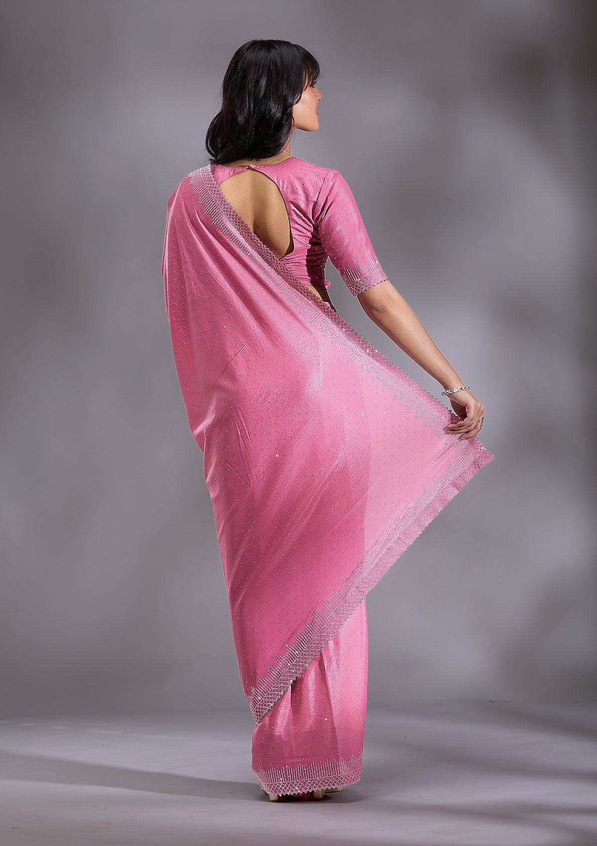 Pink Silver Stonework Satin Saree