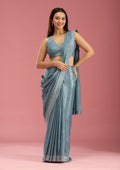 Teal Green Stonework (Silver) Satin Saree