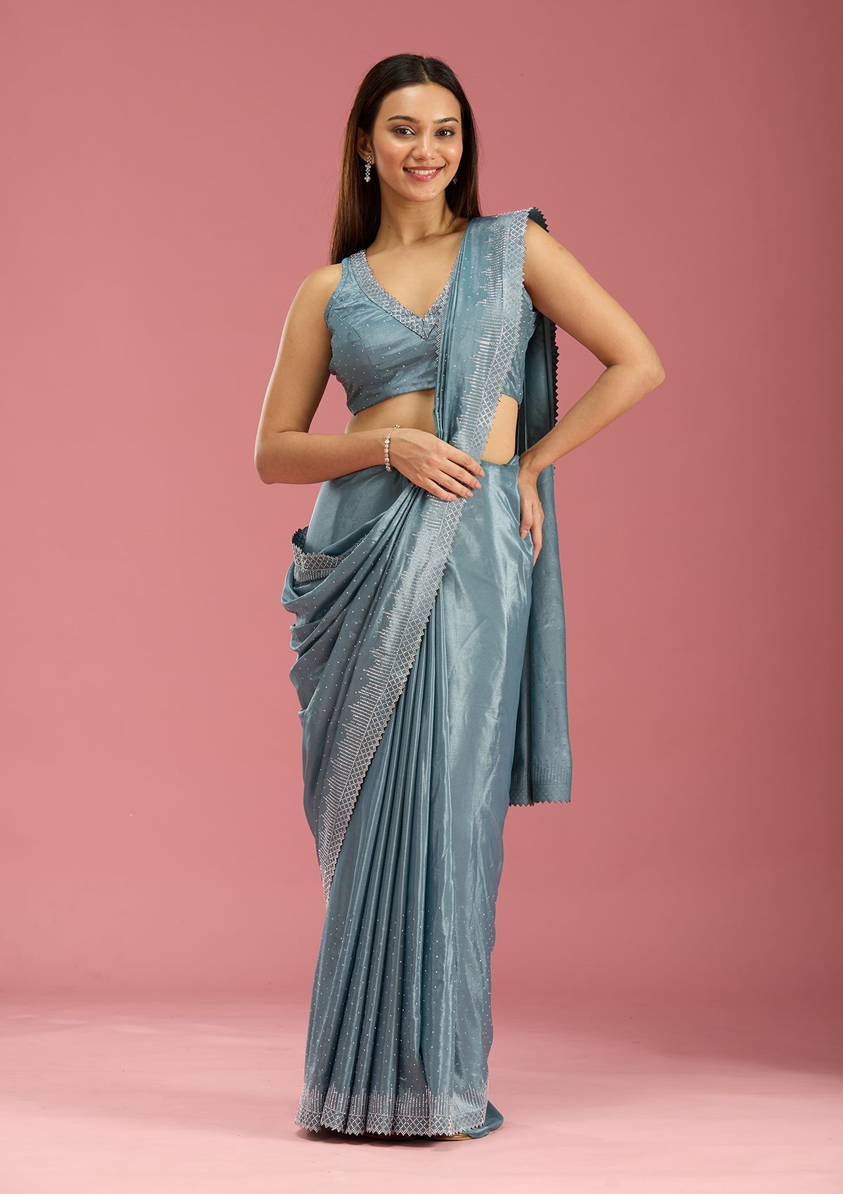 Teal Green Stonework (Silver) Satin Saree