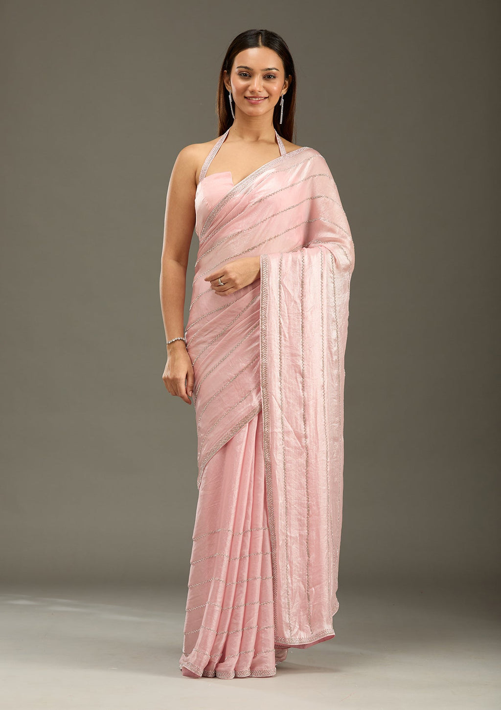 Gajari Pink Zariwork (Gold) Tissue Saree