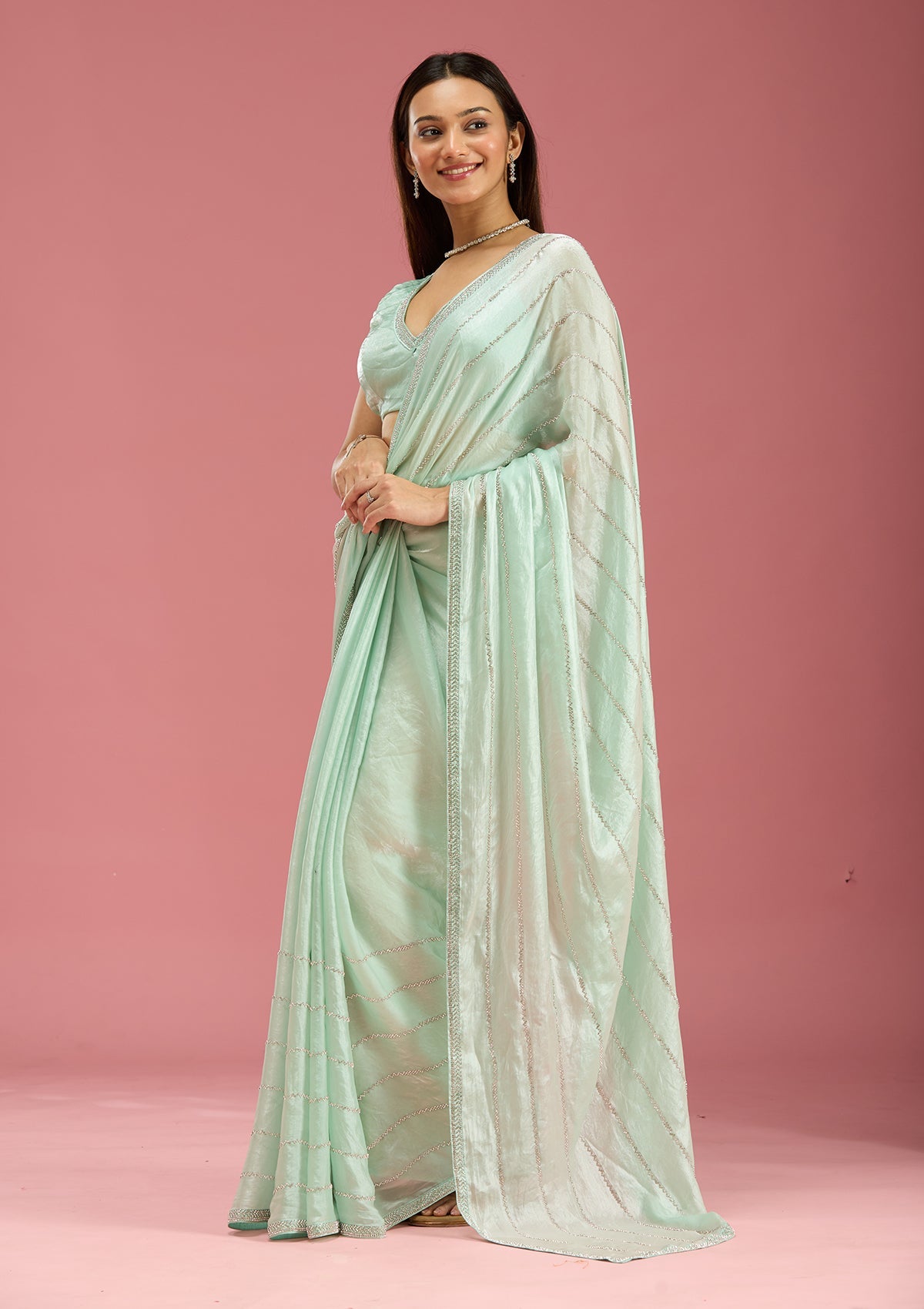 Pista Green Zariwork (Gold) Tissue Saree