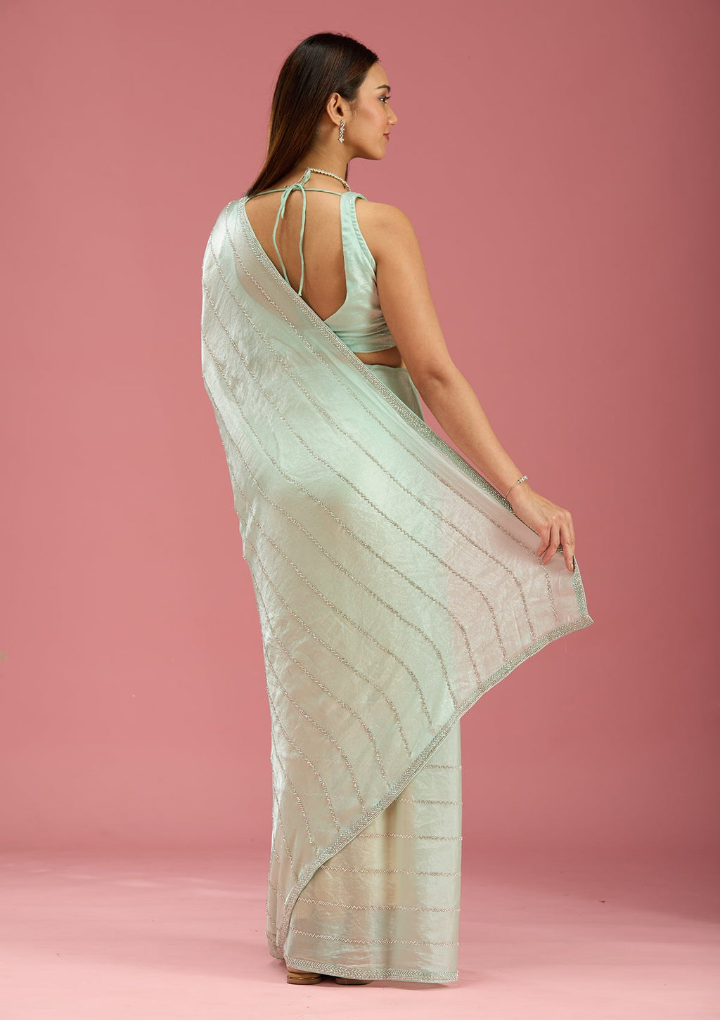 Pista Green Zariwork (Gold) Tissue Saree