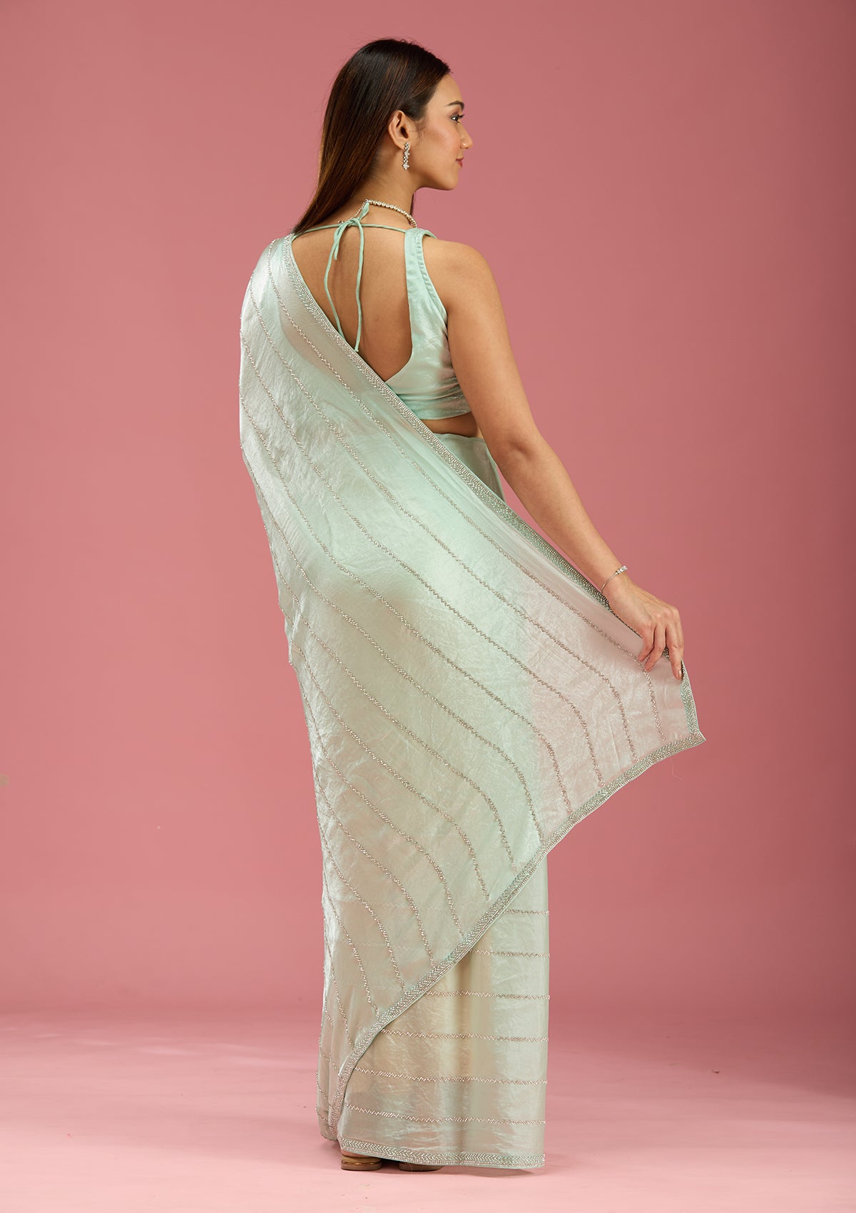 Pista Green Zariwork (Gold) Tissue Saree