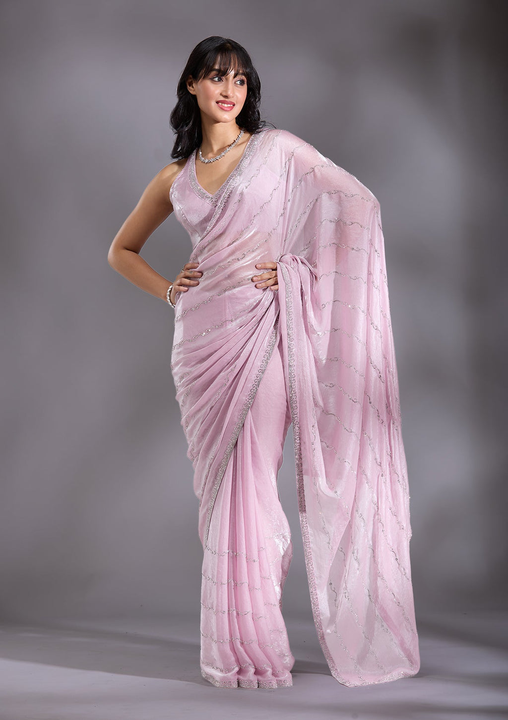 Onion Pink Zariwork (Gold) Tissue Saree