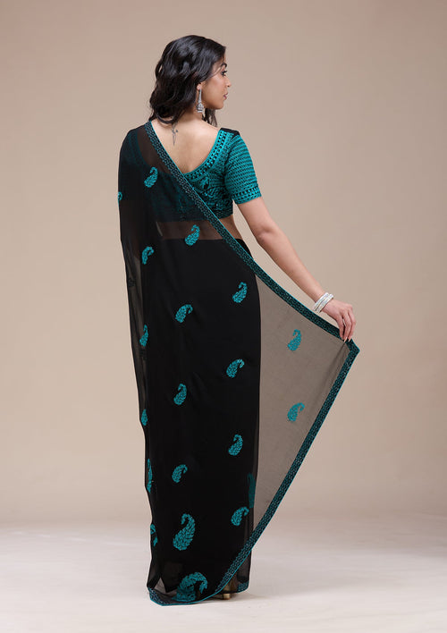 Black Threadwork Georgette Saree