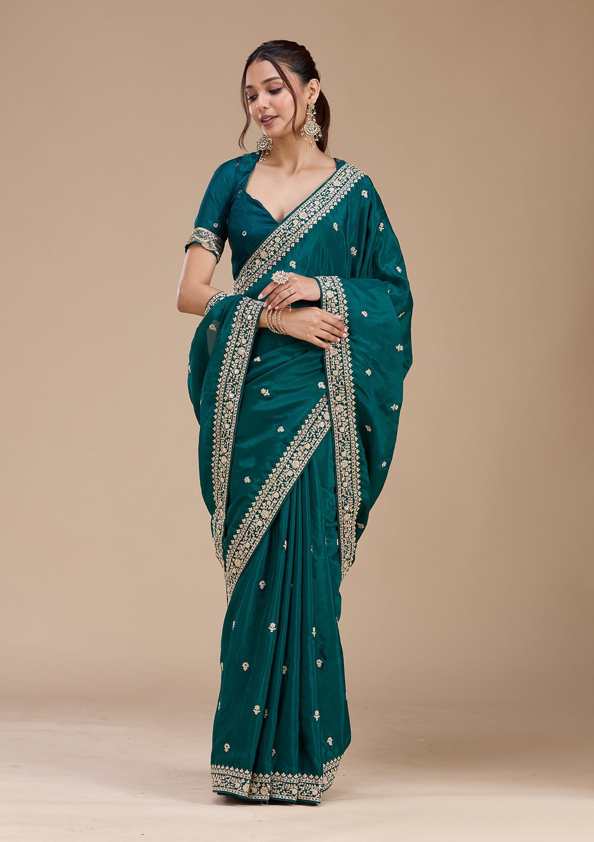 Rama Green Cording Satin Saree