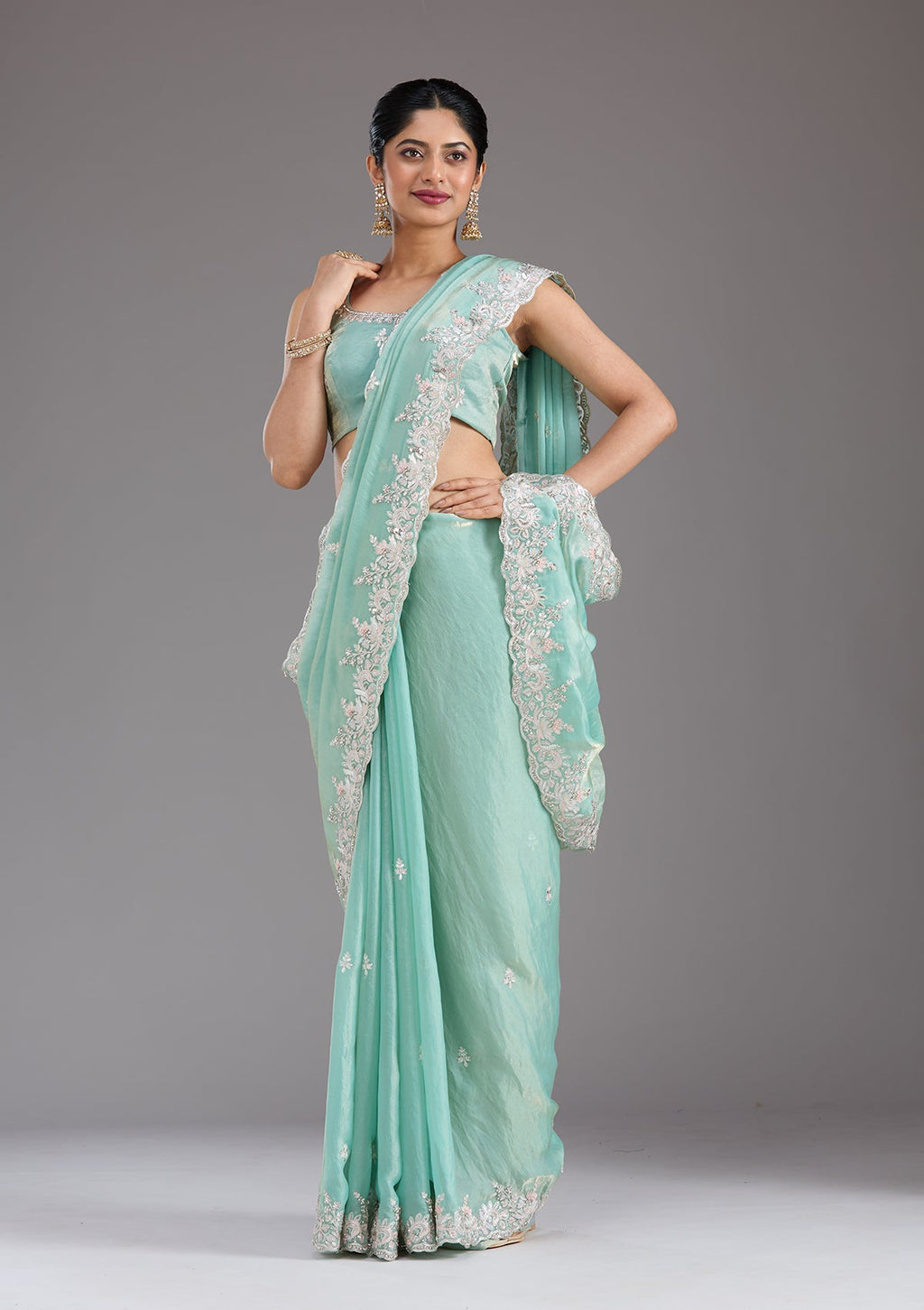 Pista Green Gotapatti Satin Saree