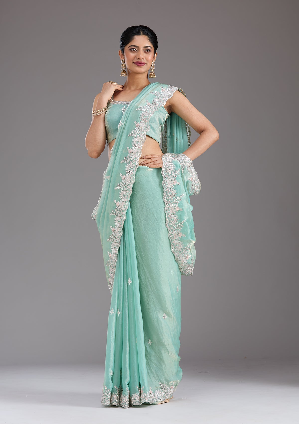 Pista Green Gotapatti Satin Saree