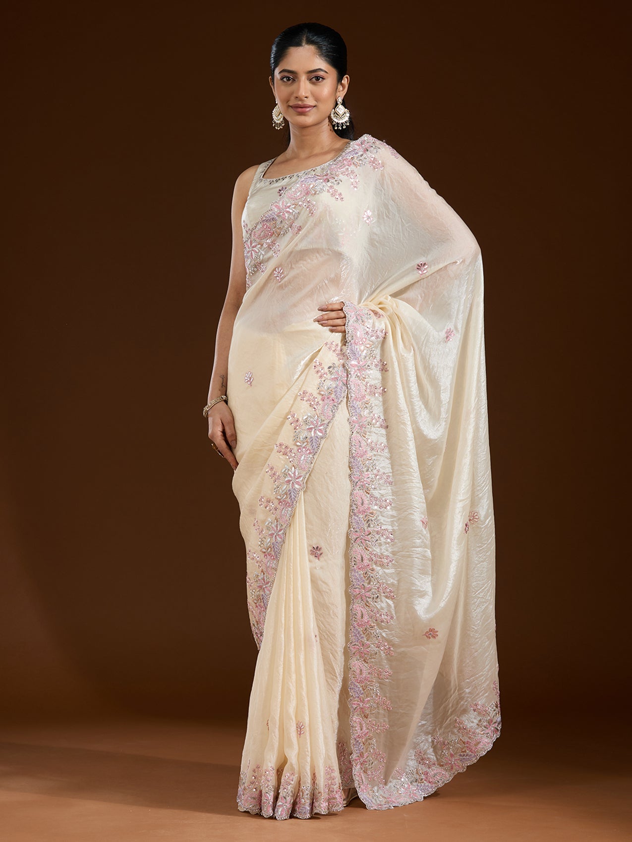 Cream Gotapatti Satin Saree