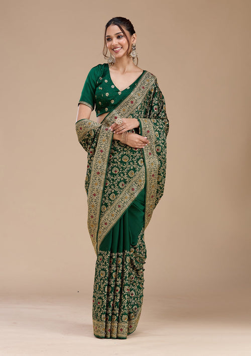 Bottle Green Zariwork (Gold) Soft Raw Silk Saree