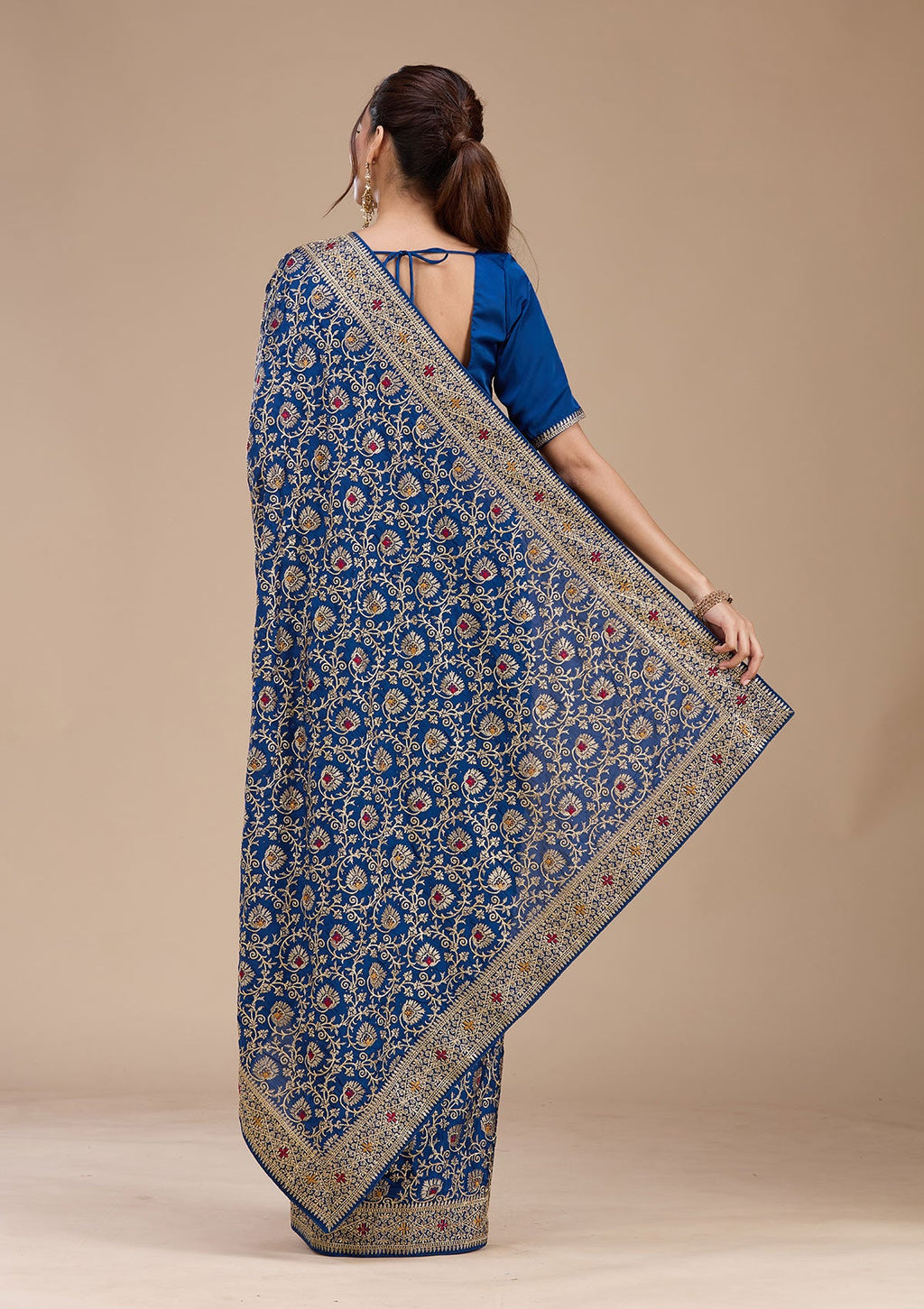 Navy Blue Zariwork (Gold) Soft Raw Silk Saree