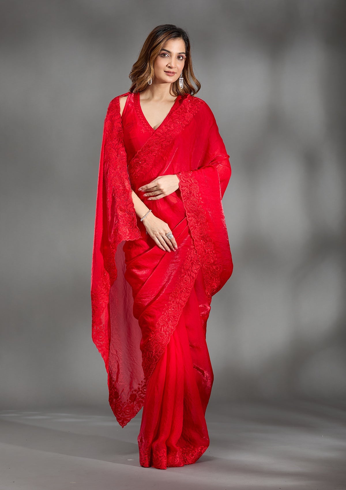 Red Threadwork Tissue Saree