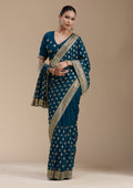 Teal Green Zariwork (Gold) Soft Raw Silk Saree