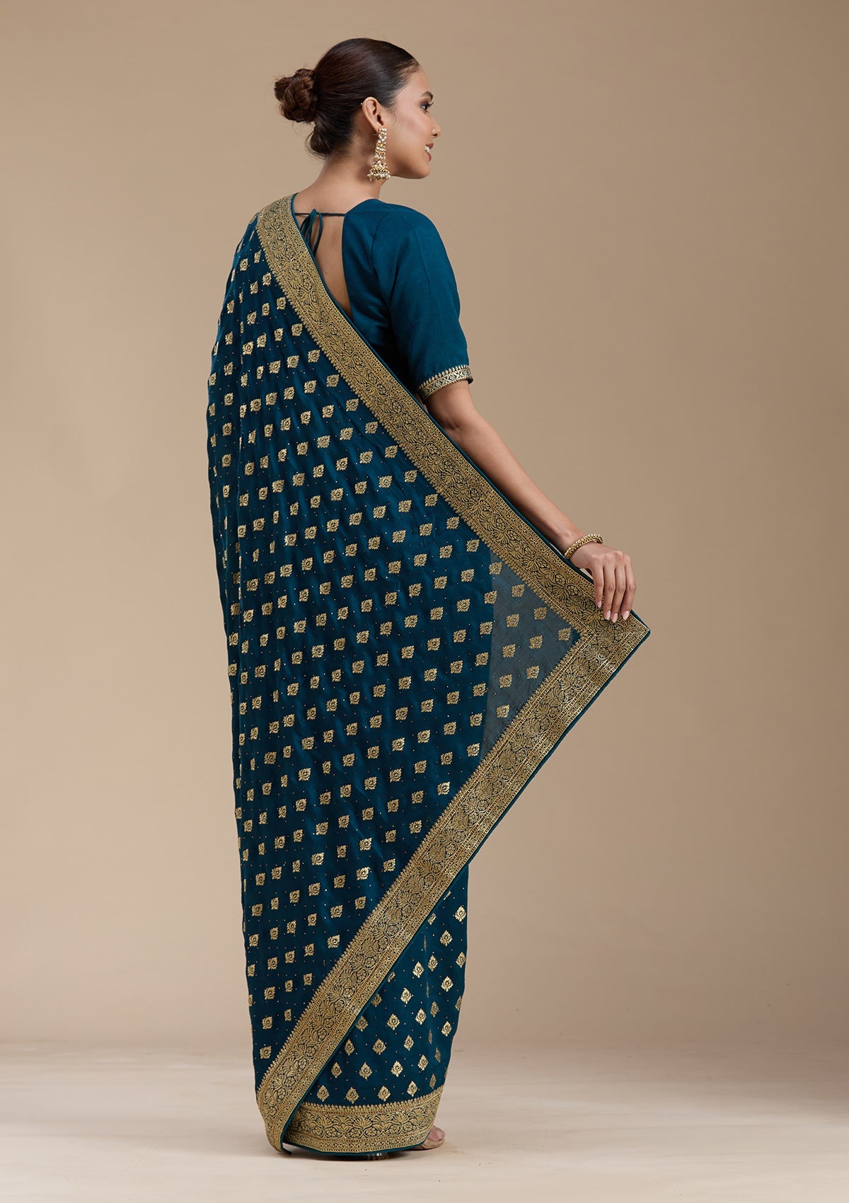 Teal Green Zariwork (Gold) Soft Raw Silk Saree