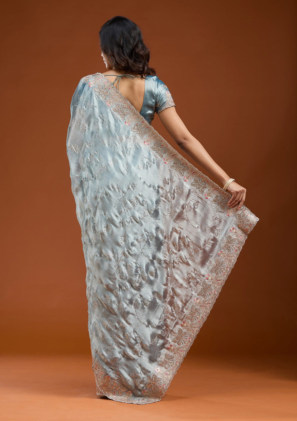 Grey Stonework (Gold) Organza Saree