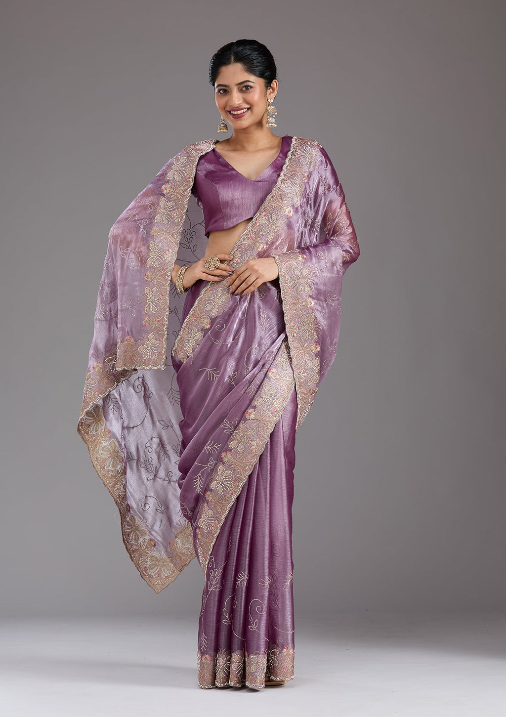 Lavender Stonework (Gold) Organza Saree