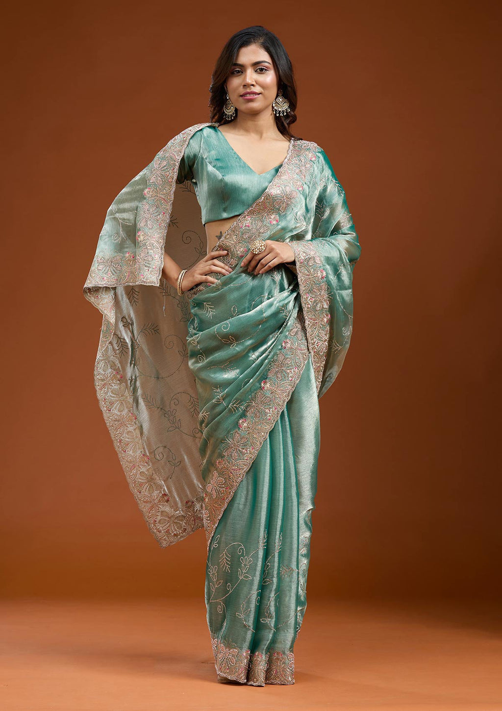 Sea Green Stonework (Gold) Organza Saree