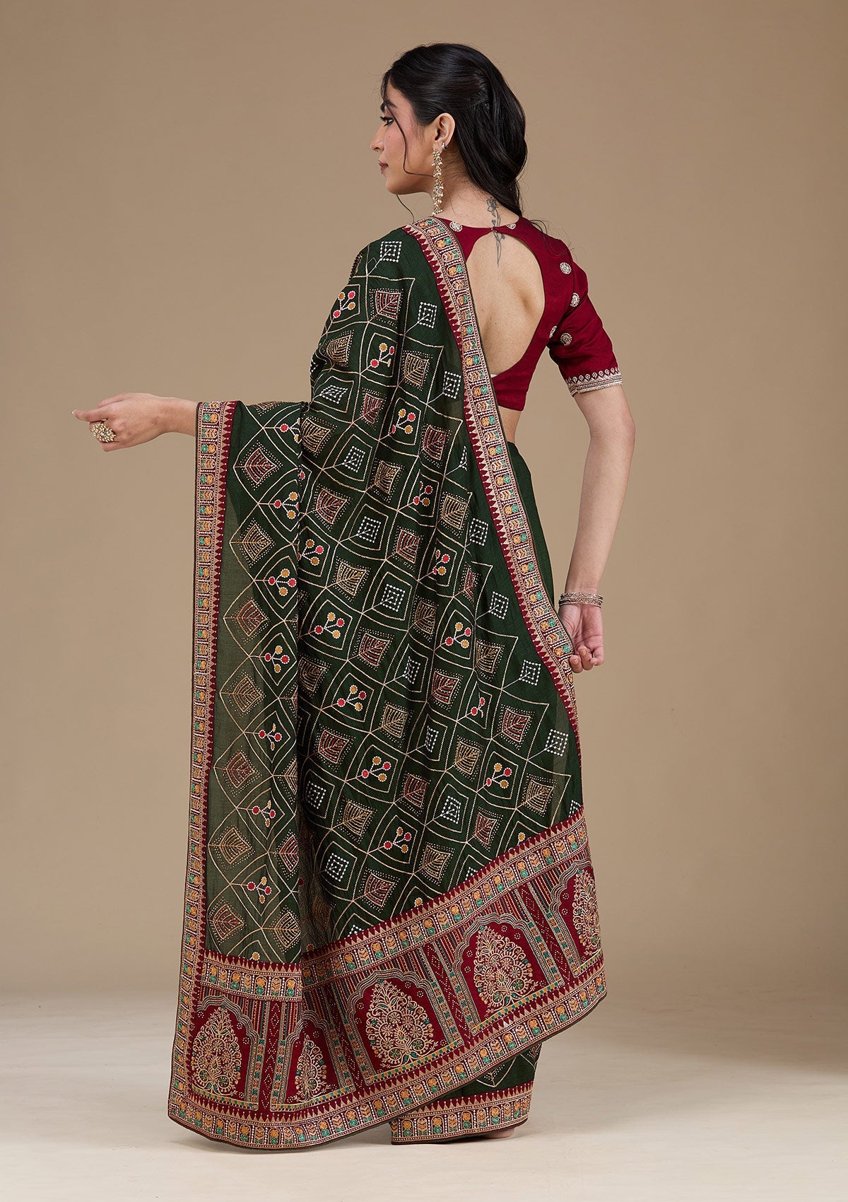 Mehendi Threadwork Soft Raw Silk Saree