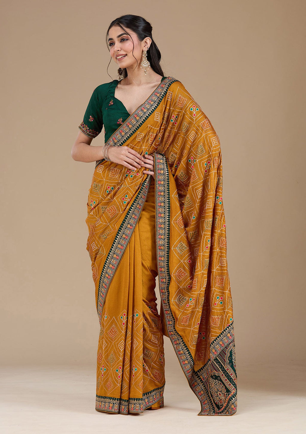 Mustard Threadwork Soft Raw Silk Saree